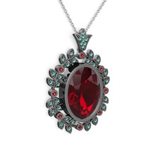 Garnet ve yeşil kuvars 925 ayar siyah rodyum kaplama gümüş kolye (40 cm gümüş rolo zincir)