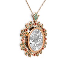 Beyaz zirkon, yeşil kuvars ve garnet 925 ayar rose altın kaplama gümüş kolye (40 cm rose altın rolo zincir)