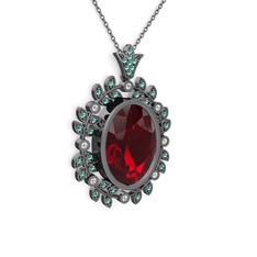 Garnet, yeşil kuvars ve beyaz zirkon 925 ayar siyah rodyum kaplama gümüş kolye (40 cm gümüş rolo zincir)