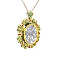 Belka Demet Taç Kolye - Beyaz zirkon, yeşil kuvars ve garnet 18 ayar altın kolye (40 cm rose altın rolo zincir) #1sicokd