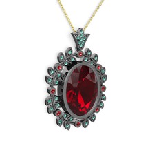 Belka Demet Taç Kolye - Garnet ve yeşil kuvars 925 ayar siyah rodyum kaplama gümüş kolye (40 cm altın rolo zincir) #1stn914