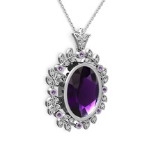 Ametist ve beyaz zirkon 14 ayar beyaz altın kolye (40 cm beyaz altın rolo zincir)