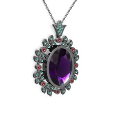 Belka Demet Taç Kolye - Ametist, yeşil kuvars ve garnet 925 ayar siyah rodyum kaplama gümüş kolye (40 cm gümüş rolo zincir) #22tqpk