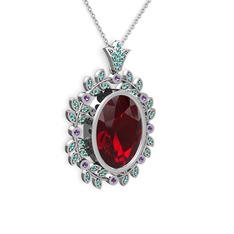 Garnet, yeşil kuvars ve ametist 18 ayar beyaz altın kolye (40 cm gümüş rolo zincir)