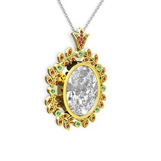 Beyaz zirkon, garnet ve yeşil kuvars 8 ayar altın kolye (40 cm beyaz altın rolo zincir)