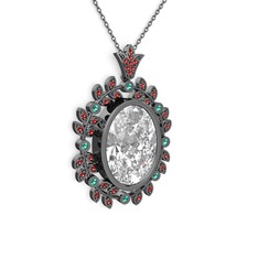 Belka Demet Taç Kolye - Beyaz zirkon, garnet ve yeşil kuvars 925 ayar siyah rodyum kaplama gümüş kolye (40 cm gümüş rolo zincir) #5opwgh