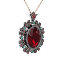 Belka Demet Taç Kolye - Garnet ve yeşil kuvars 925 ayar siyah rodyum kaplama gümüş kolye (40 cm rose altın rolo zincir) #6kt0xx