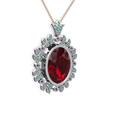Belka Demet Taç Kolye - Garnet, yeşil kuvars ve ametist 18 ayar beyaz altın kolye (40 cm rose altın rolo zincir) #7o242e