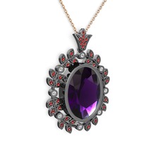 Ametist, garnet ve beyaz zirkon 925 ayar siyah rodyum kaplama gümüş kolye (40 cm rose altın rolo zincir)
