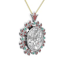 Belka Demet Taç Kolye - Beyaz zirkon, garnet ve yeşil kuvars 8 ayar beyaz altın kolye (40 cm altın rolo zincir) #elksh
