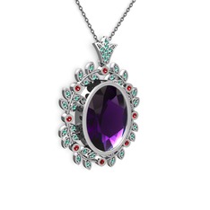 Ametist, yeşil kuvars ve garnet 18 ayar beyaz altın kolye (40 cm gümüş rolo zincir)