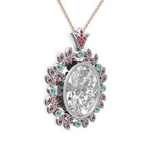 Belka Demet Taç Kolye - Beyaz zirkon, garnet ve yeşil kuvars 18 ayar beyaz altın kolye (40 cm rose altın rolo zincir) #k1socn