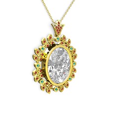 Beyaz zirkon, garnet ve yeşil kuvars 18 ayar altın kolye (40 cm altın rolo zincir)