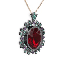Belka Demet Taç Kolye - Garnet, yeşil kuvars ve ametist 925 ayar siyah rodyum kaplama gümüş kolye (40 cm gümüş rolo zincir) #o4smgk