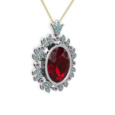 Garnet, yeşil kuvars ve ametist 8 ayar beyaz altın kolye (40 cm altın rolo zincir)