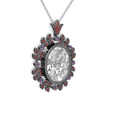 Belka Demet Taç Kolye - Beyaz zirkon, garnet ve ametist 925 ayar siyah rodyum kaplama gümüş kolye (40 cm beyaz altın rolo zincir) #sesia1