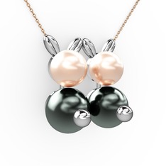 Siyah inci ve pembe inci 8 ayar beyaz altın kolye (40 cm rose altın rolo zincir)