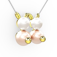 İncili Tavşan Kolye - Pembe inci ve inci 18 ayar altın kolye (40 cm beyaz altın rolo zincir) #18s65cb