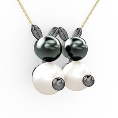 Inci ve siyah inci 925 ayar siyah rodyum kaplama gümüş kolye (40 cm altın rolo zincir)