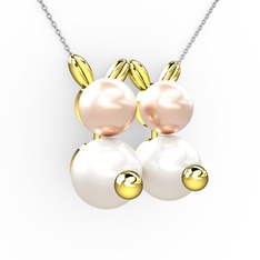 İncili Tavşan Kolye - Inci ve pembe inci 14 ayar altın kolye (40 cm beyaz altın rolo zincir) #1im2n1i