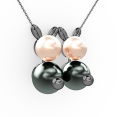 İncili Tavşan Kolye - Siyah inci ve pembe inci 925 ayar siyah rodyum kaplama gümüş kolye (40 cm gümüş rolo zincir) #1pn038b