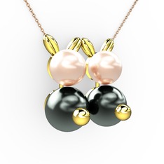 İncili Tavşan Kolye - Siyah inci ve pembe inci 8 ayar altın kolye (40 cm rose altın rolo zincir) #1uwgalg