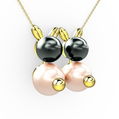 İncili Tavşan Kolye - Pembe inci ve siyah inci 18 ayar altın kolye (40 cm altın rolo zincir) #1vkix87