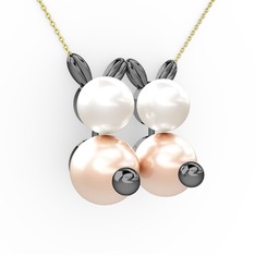 Pembe inci ve inci 925 ayar siyah rodyum kaplama gümüş kolye (40 cm altın rolo zincir)