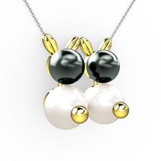 Inci ve siyah inci 18 ayar altın kolye (40 cm beyaz altın rolo zincir)