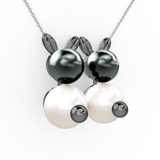 İncili Tavşan Kolye - Inci ve siyah inci 925 ayar siyah rodyum kaplama gümüş kolye (40 cm beyaz altın rolo zincir) #bppxfc