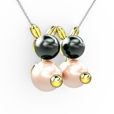 İncili Tavşan Kolye - Pembe inci ve siyah inci 8 ayar altın kolye (40 cm gümüş rolo zincir) #bw2q6r