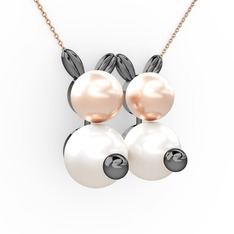 İncili Tavşan Kolye - Inci ve pembe inci 925 ayar siyah rodyum kaplama gümüş kolye (40 cm rose altın rolo zincir) #lp1t5p
