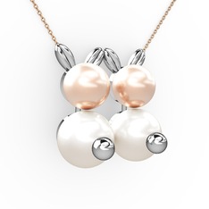 İncili Tavşan Kolye - Inci ve pembe inci 18 ayar beyaz altın kolye (40 cm rose altın rolo zincir) #nult9p