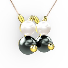 İncili Tavşan Kolye - Siyah inci ve inci 14 ayar altın kolye (40 cm rose altın rolo zincir) #ommij1