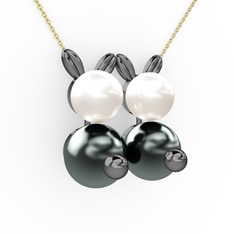 İncili Tavşan Kolye - Siyah inci ve inci 925 ayar siyah rodyum kaplama gümüş kolye (40 cm gümüş rolo zincir) #v7nk5e