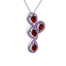 Soltar Damla Kolye - Garnet ve ametist 8 ayar beyaz altın kolye (40 cm gümüş rolo zincir) #12elpse