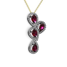 Rodolit garnet ve swarovski 925 ayar siyah rodyum kaplama gümüş kolye (40 cm altın rolo zincir)