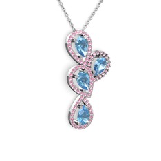 Akuamarin ve pembe kuvars 925 ayar gümüş kolye (40 cm beyaz altın rolo zincir)