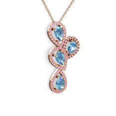 Akuamarin ve pembe kuvars 14 ayar rose altın kolye (40 cm rose altın rolo zincir)