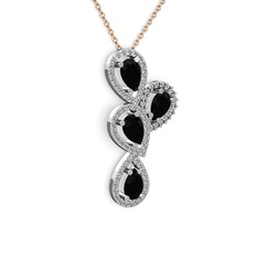Siyah zirkon ve pırlanta 14 ayar beyaz altın kolye (0.704 karat, 40 cm rose altın rolo zincir)