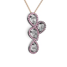 Soltar Damla Kolye - Swarovski ve pembe kuvars 925 ayar siyah rodyum kaplama gümüş kolye (40 cm rose altın rolo zincir) #1gib3lh