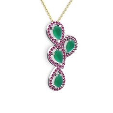 Kök zümrüt ve rodolit garnet 18 ayar beyaz altın kolye (40 cm altın rolo zincir)