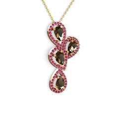 Soltar Damla Kolye - Dumanlı kuvars ve rodolit garnet 925 ayar rose altın kaplama gümüş kolye (40 cm altın rolo zincir) #1hc5627