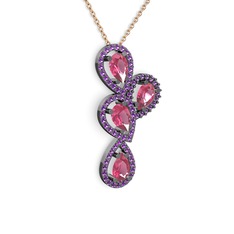 Soltar Damla Kolye - Pembe kuvars ve ametist 925 ayar siyah rodyum kaplama gümüş kolye (40 cm rose altın rolo zincir) #1mjpuu8