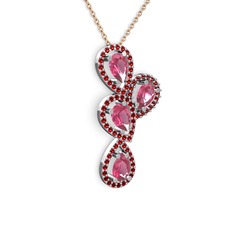 Pembe kuvars ve garnet 8 ayar beyaz altın kolye (40 cm rose altın rolo zincir)
