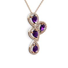 Ametist ve swarovski 925 ayar rose altın kaplama gümüş kolye (40 cm gümüş rolo zincir)