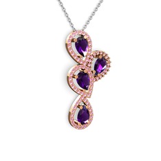 Ametist ve pembe kuvars 14 ayar rose altın kolye (40 cm beyaz altın rolo zincir)