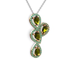 Peridot ve yeşil kuvars 14 ayar rose altın kolye (40 cm beyaz altın rolo zincir)