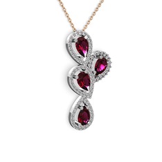 Soltar Damla Kolye - Rodolit garnet ve pırlanta 18 ayar beyaz altın kolye (0.704 karat, 40 cm rose altın rolo zincir) #1yau9m3