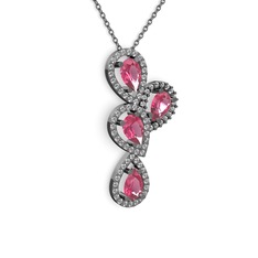 Pembe kuvars ve beyaz zirkon 925 ayar siyah rodyum kaplama gümüş kolye (40 cm gümüş rolo zincir)